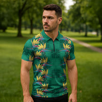 Hawaii Waikiki King Zipper Polo Shirt Green Quilt With Pua Manu