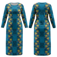 Hawaii Waikiki King Couples Matching Long Sleeve Bodycon Dress and Long Sleeve Button Shirt Blue Quilt With Pua Manu