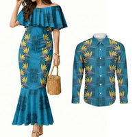 Hawaii Waikiki King Couples Matching Mermaid Dress and Long Sleeve Button Shirt Blue Quilt With Pua Manu