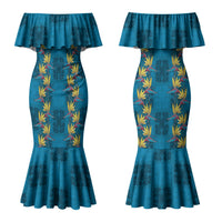 Hawaii Waikiki King Couples Matching Mermaid Dress and Long Sleeve Button Shirt Blue Quilt With Pua Manu