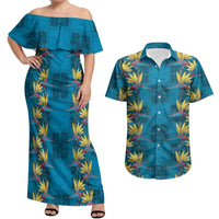 Hawaii Waikiki King Couples Matching Off Shoulder Maxi Dress and Hawaiian Shirt Blue Quilt With Pua Manu