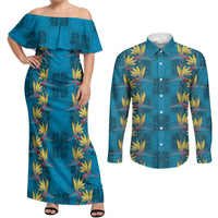 Hawaii Waikiki King Couples Matching Off Shoulder Maxi Dress and Long Sleeve Button Shirt Blue Quilt With Pua Manu