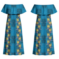 Hawaii Waikiki King Couples Matching Off Shoulder Maxi Dress and Long Sleeve Button Shirt Blue Quilt With Pua Manu
