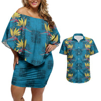 Hawaii Waikiki King Couples Matching Off Shoulder Short Dress and Hawaiian Shirt Blue Quilt With Pua Manu