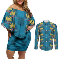 Hawaii Waikiki King Couples Matching Off Shoulder Short Dress and Long Sleeve Button Shirt Blue Quilt With Pua Manu