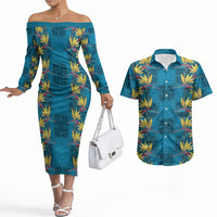 Hawaii Waikiki King Couples Matching Off The Shoulder Long Sleeve Dress and Hawaiian Shirt Blue Quilt With Pua Manu