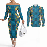 Hawaii Waikiki King Couples Matching Off The Shoulder Long Sleeve Dress and Long Sleeve Button Shirt Blue Quilt With Pua Manu