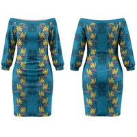 Hawaii Waikiki King Couples Matching Off The Shoulder Long Sleeve Dress and Long Sleeve Button Shirt Blue Quilt With Pua Manu