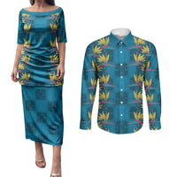 Hawaii Waikiki King Couples Matching Puletasi and Long Sleeve Button Shirt Blue Quilt With Pua Manu
