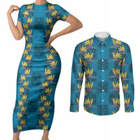 Hawaii Waikiki King Couples Matching Short Sleeve Bodycon Dress and Long Sleeve Button Shirt Blue Quilt With Pua Manu