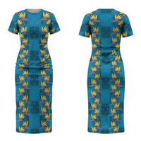Hawaii Waikiki King Couples Matching Short Sleeve Bodycon Dress and Long Sleeve Button Shirt Blue Quilt With Pua Manu