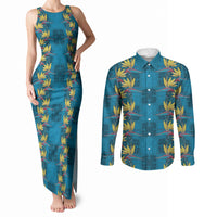 Hawaii Waikiki King Couples Matching Tank Maxi Dress and Long Sleeve Button Shirt Blue Quilt With Pua Manu