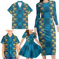 Hawaii Waikiki King Family Matching Long Sleeve Bodycon Dress and Hawaiian Shirt Blue Quilt With Pua Manu