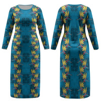 Hawaii Waikiki King Family Matching Long Sleeve Bodycon Dress and Hawaiian Shirt Blue Quilt With Pua Manu