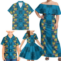 Hawaii Waikiki King Family Matching Off Shoulder Maxi Dress and Hawaiian Shirt Blue Quilt With Pua Manu