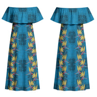 Hawaii Waikiki King Family Matching Off Shoulder Maxi Dress and Hawaiian Shirt Blue Quilt With Pua Manu