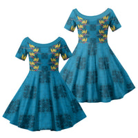 Hawaii Waikiki King Family Matching Off Shoulder Maxi Dress and Hawaiian Shirt Blue Quilt With Pua Manu