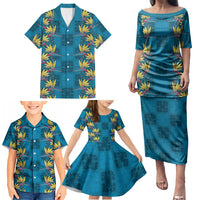Hawaii Waikiki King Family Matching Puletasi and Hawaiian Shirt Blue Quilt With Pua Manu