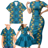 Hawaii Waikiki King Family Matching Short Sleeve Bodycon Dress and Hawaiian Shirt Blue Quilt With Pua Manu