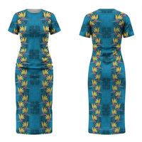 Hawaii Waikiki King Family Matching Short Sleeve Bodycon Dress and Hawaiian Shirt Blue Quilt With Pua Manu