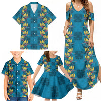 Hawaii Waikiki King Family Matching Summer Maxi Dress and Hawaiian Shirt Blue Quilt With Pua Manu