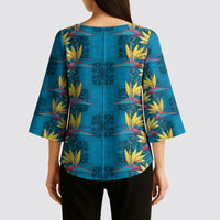 Hawaii Waikiki King Kimono Sleeve Blouse Blue Quilt With Pua Manu