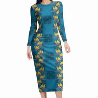 Hawaii Waikiki King Long Sleeve Bodycon Dress Blue Quilt With Pua Manu