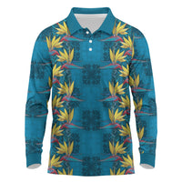 Hawaii Waikiki King Long Sleeve Polo Shirt Blue Quilt With Pua Manu