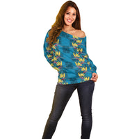 Hawaii Waikiki King Off Shoulder Sweater Blue Quilt With Pua Manu