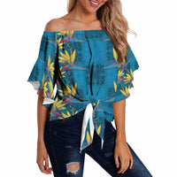Hawaii Waikiki King Off Shoulder Wrap Waist Top Blue Quilt With Pua Manu