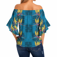 Hawaii Waikiki King Off Shoulder Wrap Waist Top Blue Quilt With Pua Manu