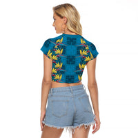 Hawaii Waikiki King Raglan Cropped T Shirt Blue Quilt With Pua Manu