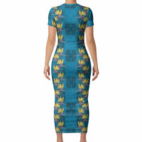 Hawaii Waikiki King Short Sleeve Bodycon Dress Blue Quilt With Pua Manu