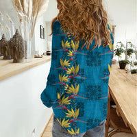 Hawaii Waikiki King Women Casual Shirt Blue Quilt With Pua Manu