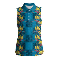 Hawaii Waikiki King Women Sleeveless Polo Shirt Blue Quilt With Pua Manu