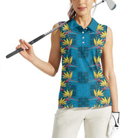 Hawaii Waikiki King Women Sleeveless Polo Shirt Blue Quilt With Pua Manu