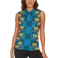 Hawaii Waikiki King Women Sleeveless Polo Shirt Blue Quilt With Pua Manu