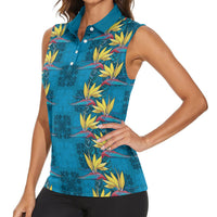 Hawaii Waikiki King Women Sleeveless Polo Shirt Blue Quilt With Pua Manu