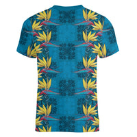 Hawaii Waikiki King Women V-Neck T-Shirt Blue Quilt With Pua Manu