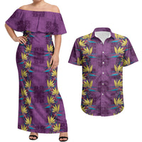 Hawaii Waikiki King Couples Matching Off Shoulder Maxi Dress and Hawaiian Shirt Purple Quilt With Pua Manu