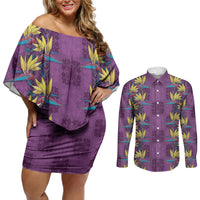 Hawaii Waikiki King Couples Matching Off Shoulder Short Dress and Long Sleeve Button Shirt Purple Quilt With Pua Manu