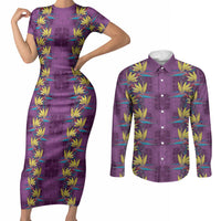 Hawaii Waikiki King Couples Matching Short Sleeve Bodycon Dress and Long Sleeve Button Shirt Purple Quilt With Pua Manu