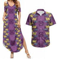 Hawaii Waikiki King Couples Matching Summer Maxi Dress and Hawaiian Shirt Purple Quilt With Pua Manu