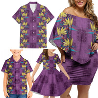 Hawaii Waikiki King Family Matching Off Shoulder Short Dress and Hawaiian Shirt Purple Quilt With Pua Manu