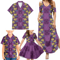 Hawaii Waikiki King Family Matching Summer Maxi Dress and Hawaiian Shirt Purple Quilt With Pua Manu