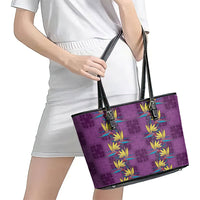 Hawaii Waikiki King Leather Tote Bag Purple Quilt With Pua Manu