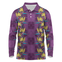 Hawaii Waikiki King Long Sleeve Polo Shirt Purple Quilt With Pua Manu