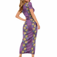 Hawaii Waikiki King Short Sleeve Bodycon Dress Purple Quilt With Pua Manu