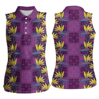 Hawaii Waikiki King Women Sleeveless Polo Shirt Purple Quilt With Pua Manu