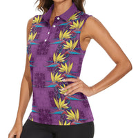 Hawaii Waikiki King Women Sleeveless Polo Shirt Purple Quilt With Pua Manu